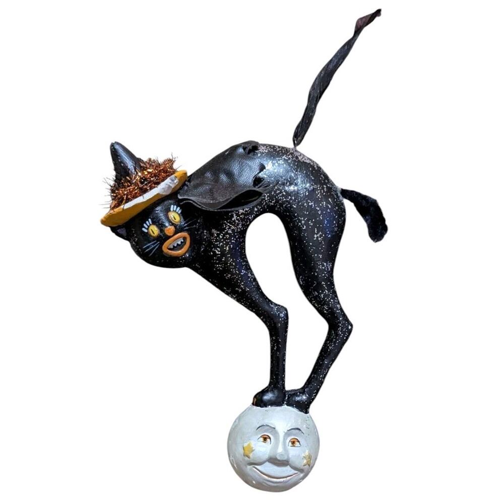 Scaredy Black Cat Figurine Witch Hat Moon Face Ball Bat Hanging Halloween Retro